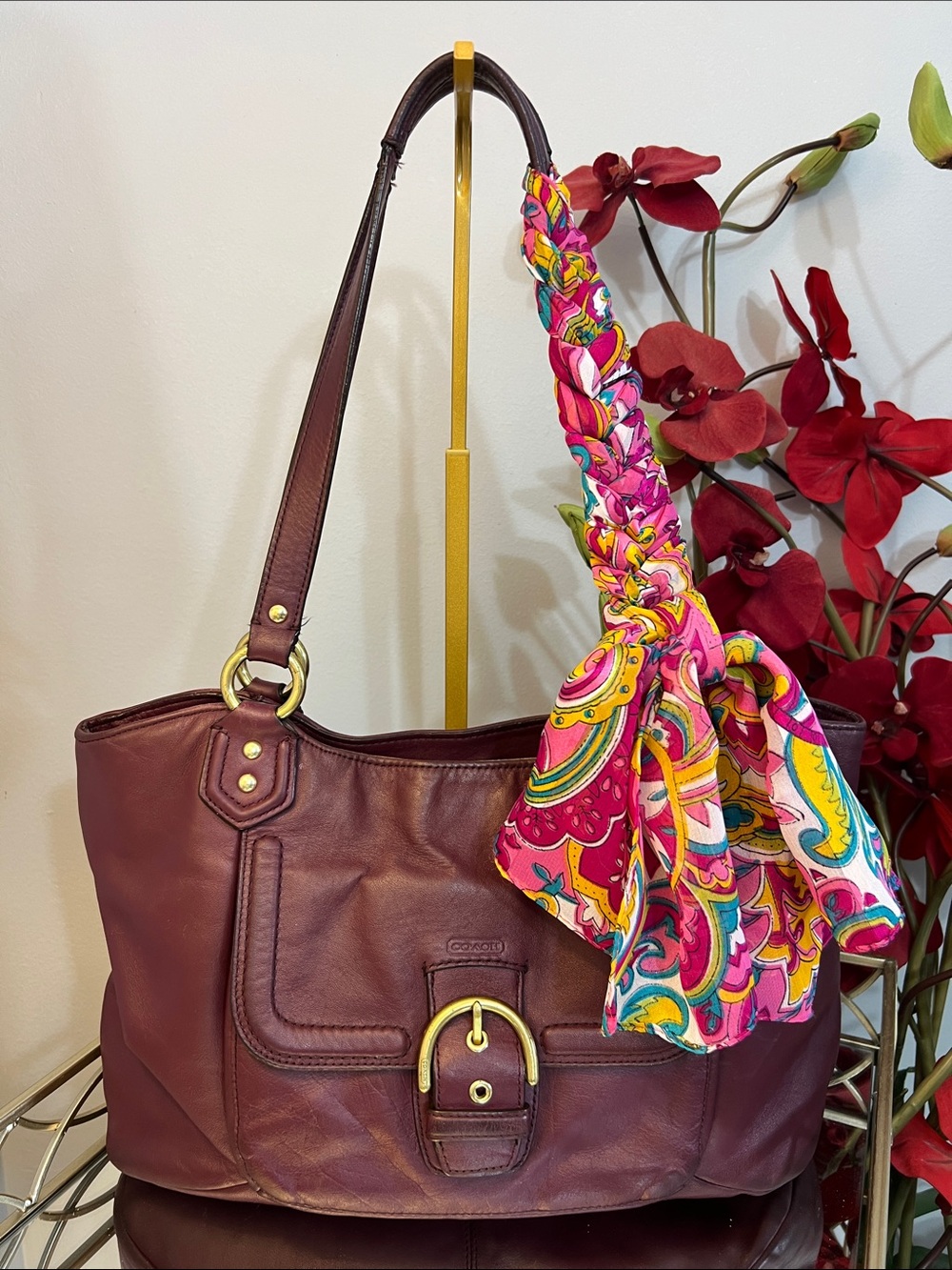 Upcycled Coach Campbell Belle Carryall Burgundy with Multicolored Tiger Patch